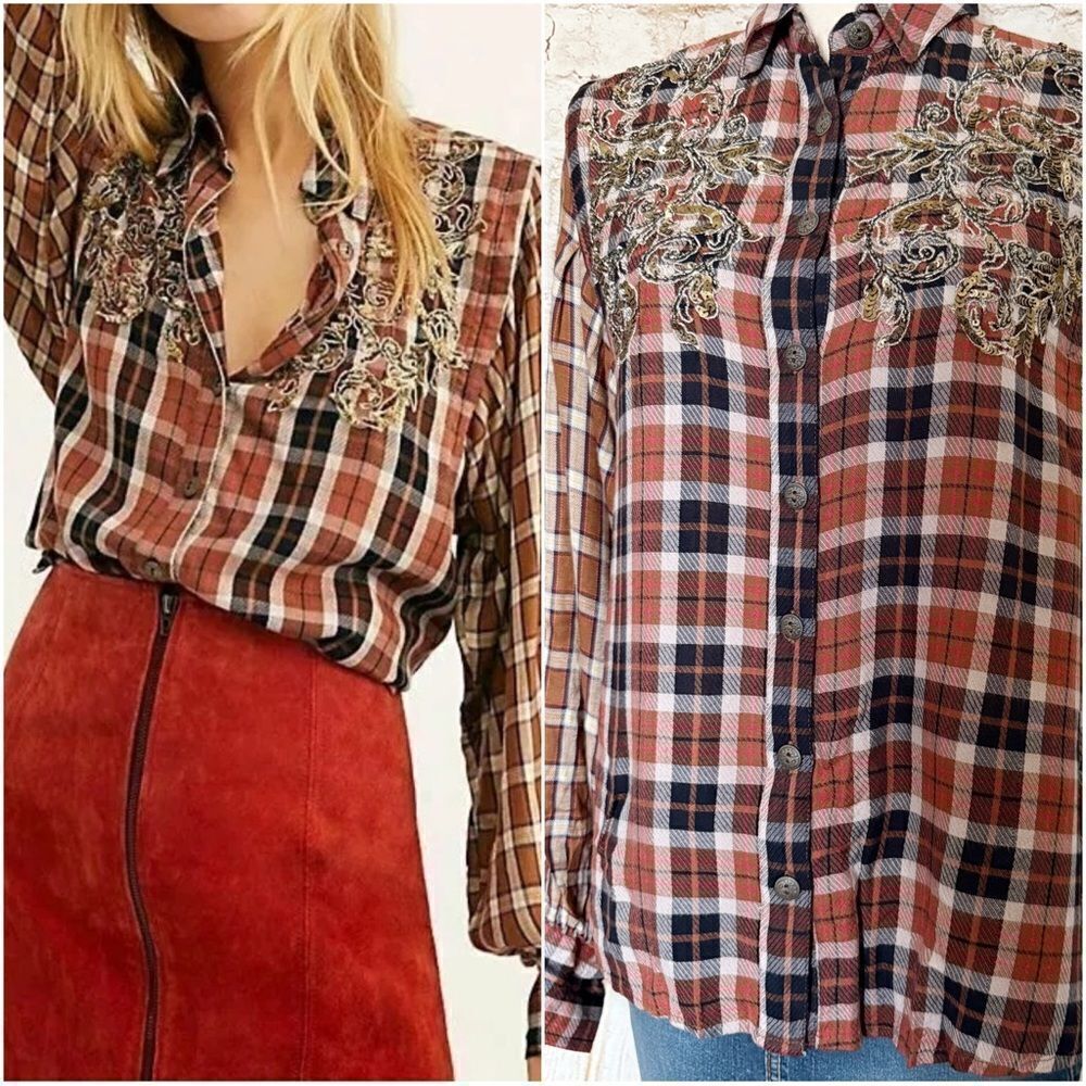 Free People plaid western sequin shirt